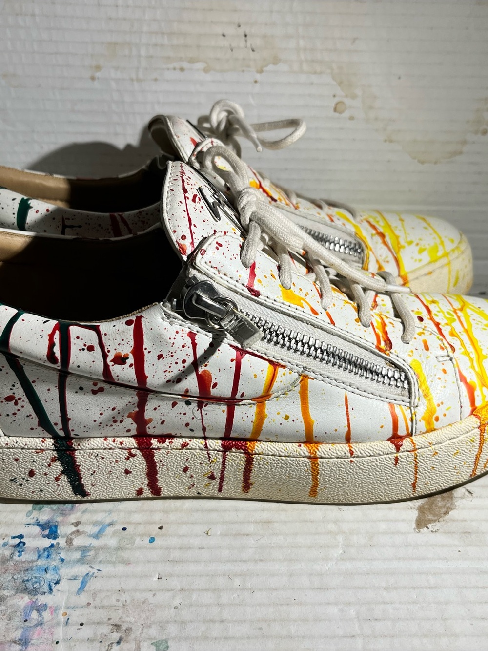 Giuseppe Zanotti Bianco White Leather Sneakers with Multicolor Paint Drips